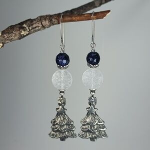 HAND CRAFTED Blue Silver Rustic Pewter Winter Tree Dangle Drop Earrings